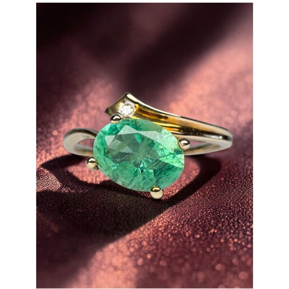 10K Gold- Natural Colombian Emerald & Diamond Ring -Size 8 -1ct Bypass Ring 2.2g